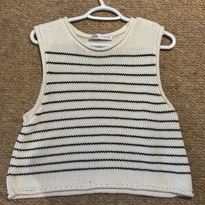 Zara Navy and Cream Striped Knit Top